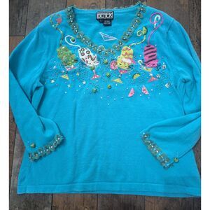Vintage BERK2 Blue Knit Sweater with Embellished Cats & Martini Design, Size L